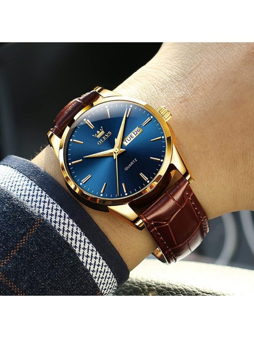 Men's Blue Dial Quartz Leather Brown Buckle Waterproof Luminous Round Watch - Picture 2 of 6